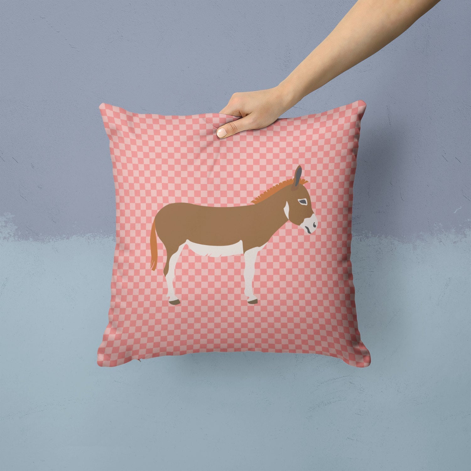 Miniature Mediterranian Donkey Pink Check Decorative Throw Pillow 14x14 Indoor Outdoor Accent Cushion, Fabric Cover with Insert for Sofa, Bed, Porch & Living Room