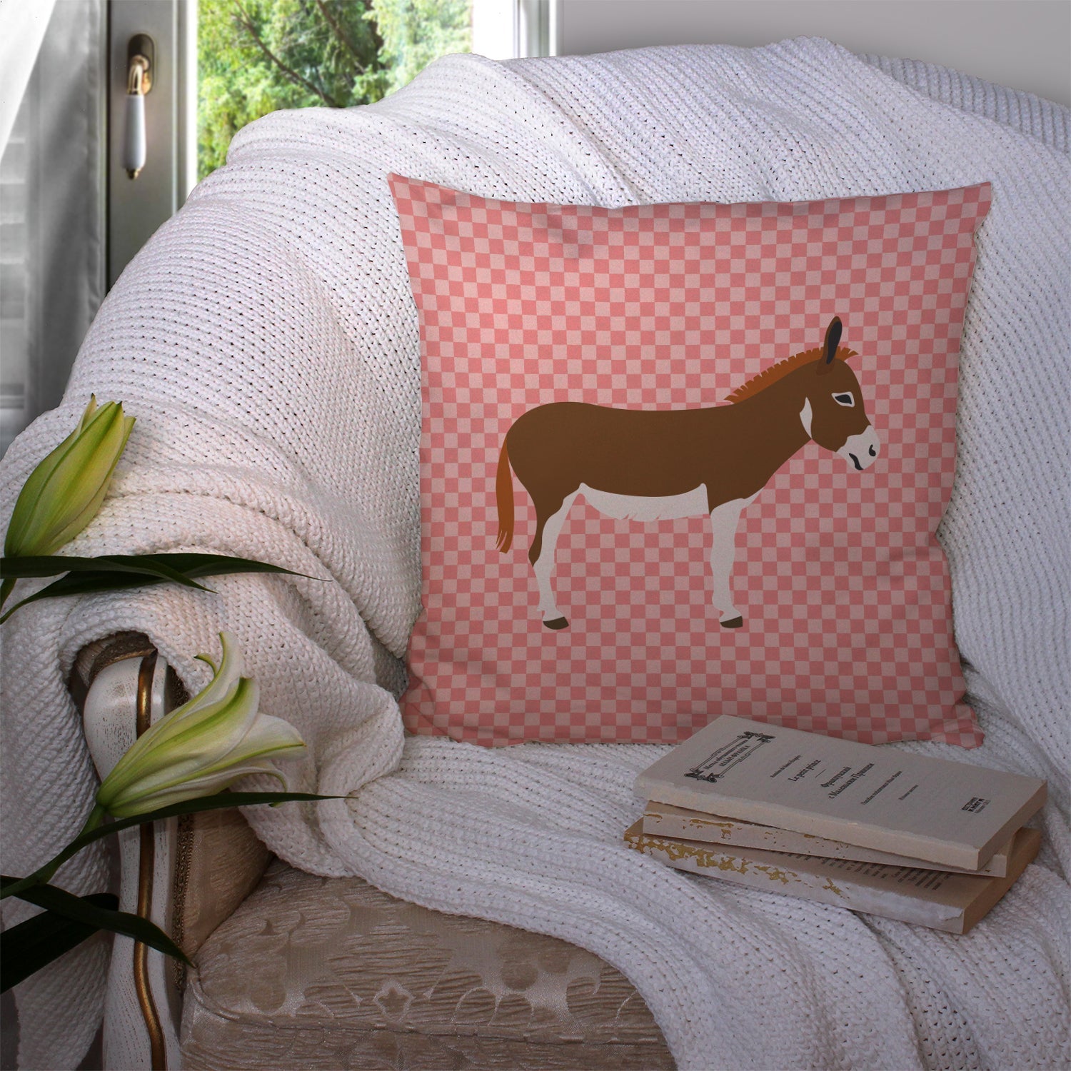 Miniature Mediterranian Donkey Pink Check Decorative Throw Pillow 14x14 Indoor Outdoor Accent Cushion, Fabric Cover with Insert for Sofa, Bed, Porch & Living Room