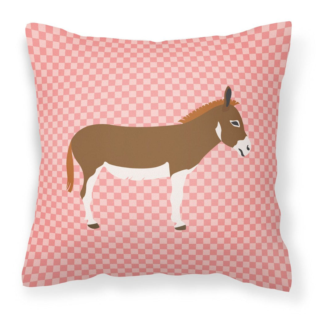 Miniature Mediterranian Donkey Pink Check Decorative Throw Pillow 18x18 Indoor Outdoor Accent Cushion, Fabric Cover with Insert for Sofa, Bed, Porch & Living Room
