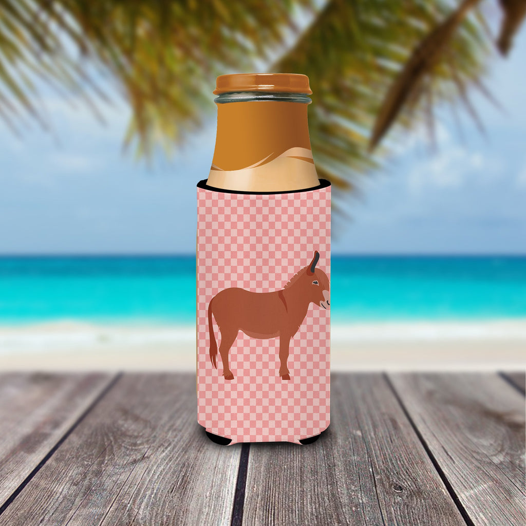 Irish Donkey Pink Check Slim Can Hugger , Insulated Foam Hugger for 12 oz Slim Cans, Beer Bottles & Water Bottles, Printed in USA