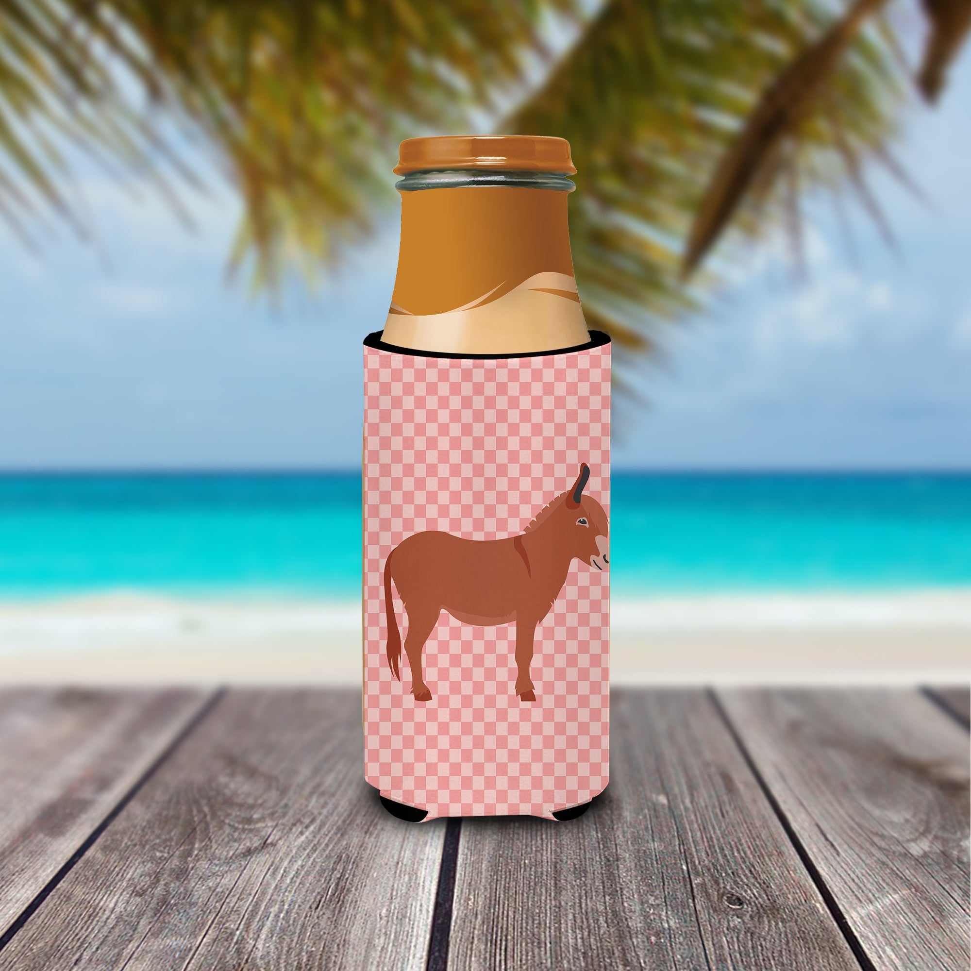 Irish Donkey Pink Check Slim Can Hugger , Insulated Foam Hugger for 12 oz Slim Cans, Beer Bottles & Water Bottles, Printed in USA