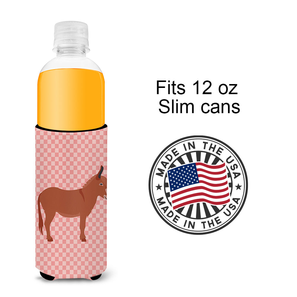 Irish Donkey Pink Check Slim Can Hugger , Insulated Foam Hugger for 12 oz Slim Cans, Beer Bottles & Water Bottles, Printed in USA