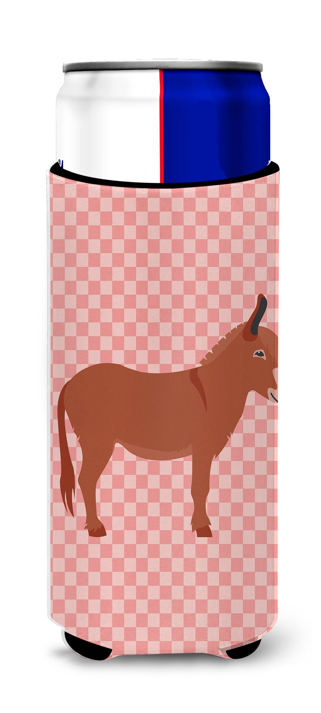 Irish Donkey Pink Check Slim Can Hugger , Insulated Foam Hugger for 12 oz Slim Cans, Beer Bottles & Water Bottles, Printed in USA