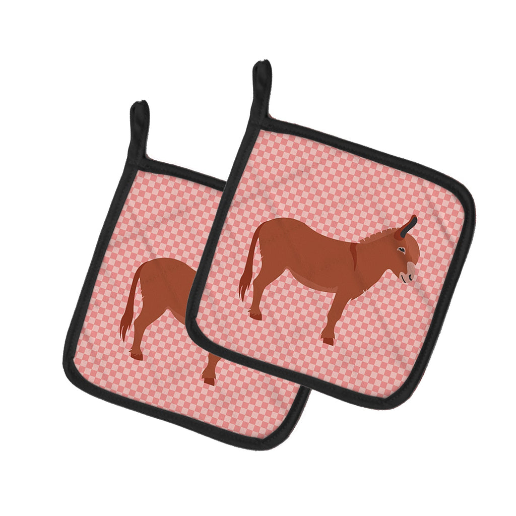 Irish Donkey Pink Check Pot Holder Set of 2 Heat Resistant Quilted Hot Pads 7.5 x 7.5 Inch, Insulated Kitchen Trivets for Cooking & Baking