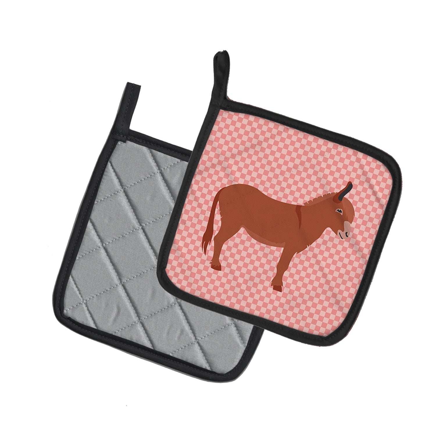 Irish Donkey Pink Check Pot Holder Set of 2 Heat Resistant Quilted Hot Pads 7.5 x 7.5 Inch, Insulated Kitchen Trivets for Cooking & Baking