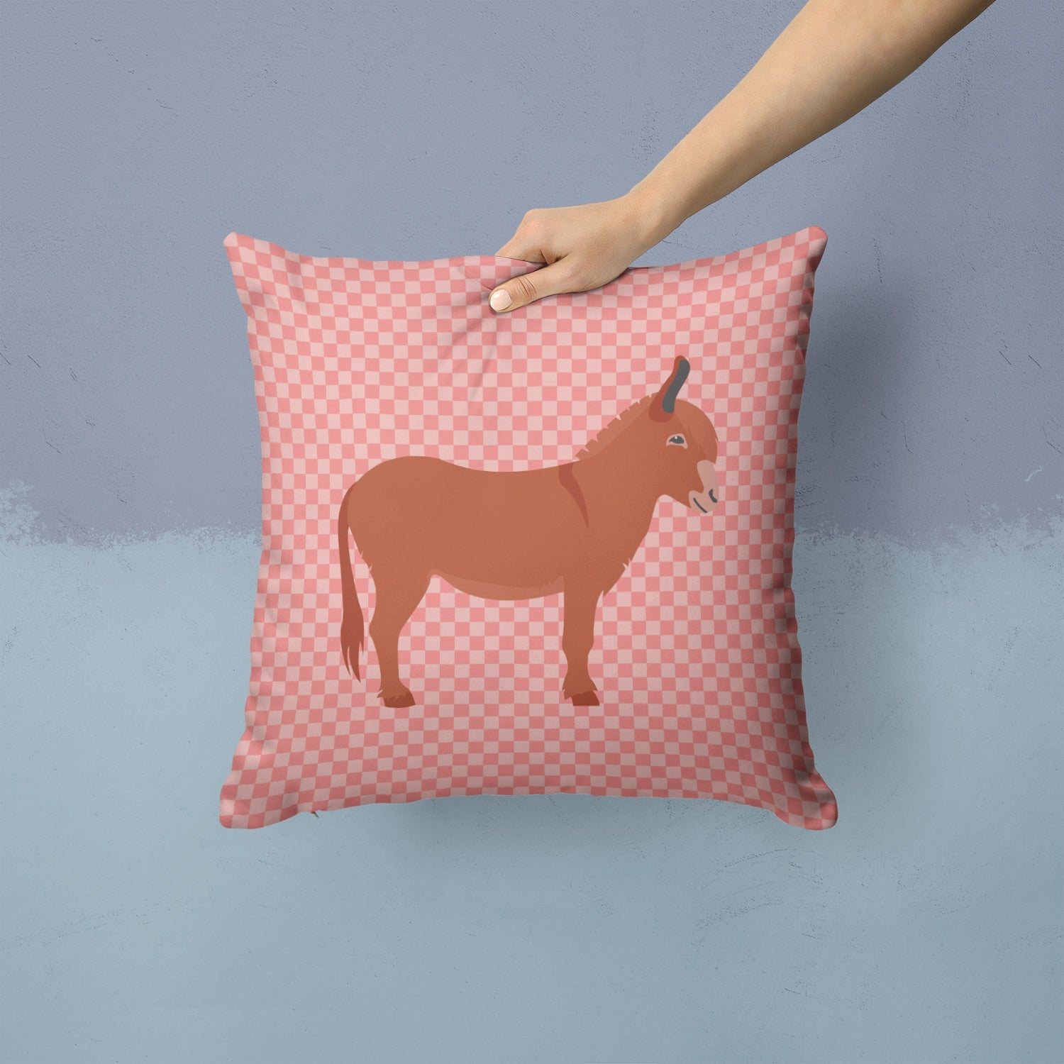 Irish Donkey Pink Check Decorative Throw Pillow 14x14 Indoor Outdoor Accent Cushion, Fabric Cover with Insert for Sofa, Bed, Porch & Living Room
