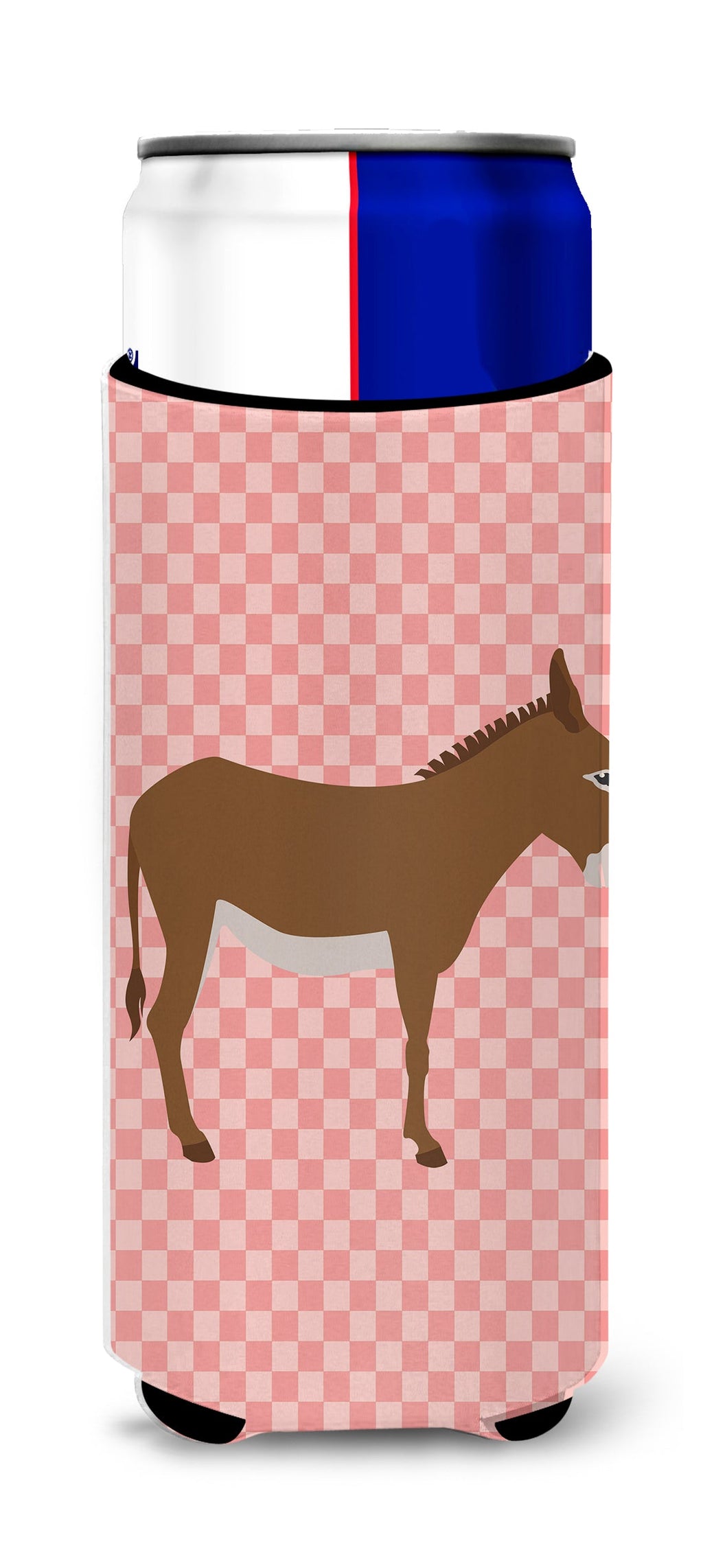 Cotentin Donkey Pink Check Slim Can Hugger , Insulated Foam Hugger for 12 oz Slim Cans, Beer Bottles & Water Bottles, Printed in USA