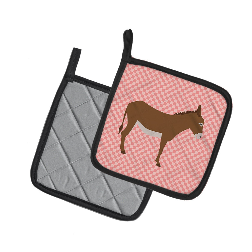 Cotentin Donkey Pink Check Pot Holder Set of 2 Heat Resistant Quilted Hot Pads 7.5 x 7.5 Inch, Insulated Kitchen Trivets for Cooking & Baking