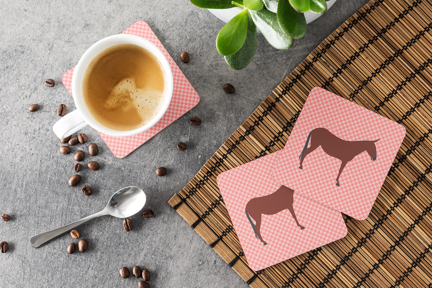Hinny Horse Donkey Pink Check Foam Coasters Set of 4 Cup Coasters for Indoor Outdoor, Tabletop Protection, Anti Slip, Mouse pad Material