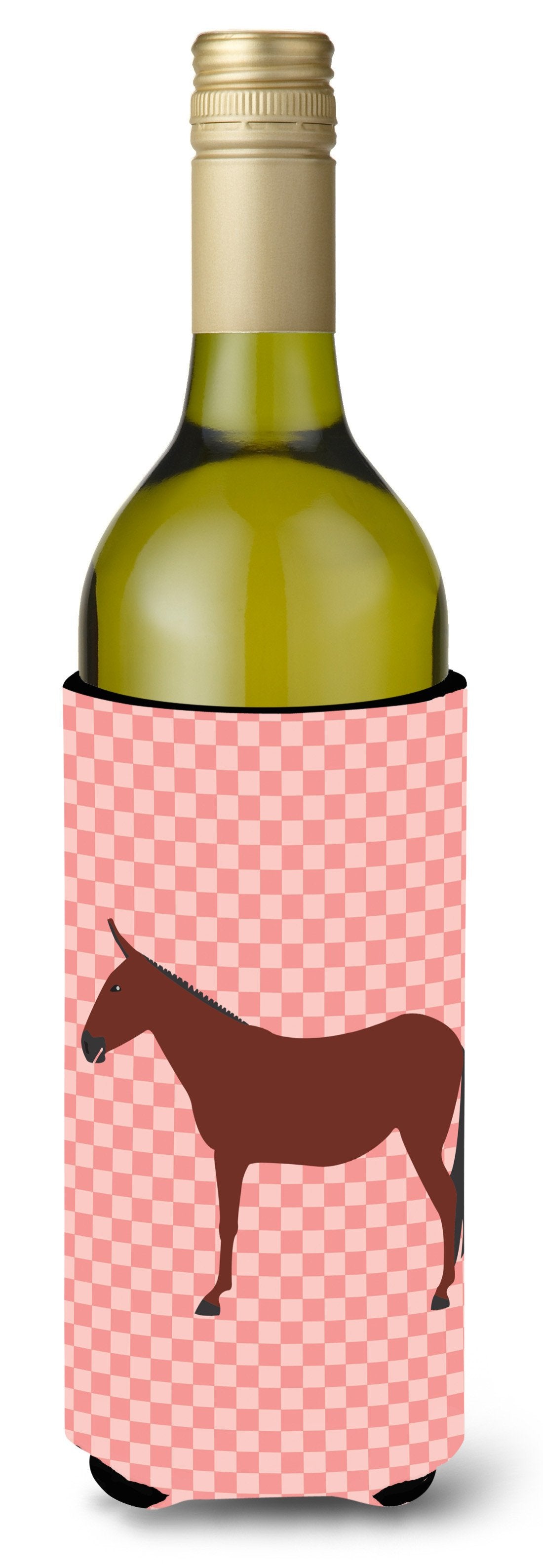 Hinny Horse Donkey Pink Check Wine Bottle Hugger Gift Sleeve for Standard 750 ml Bottles, Insulated Reusable Also Fits Mini Shot & Pint Bottles
