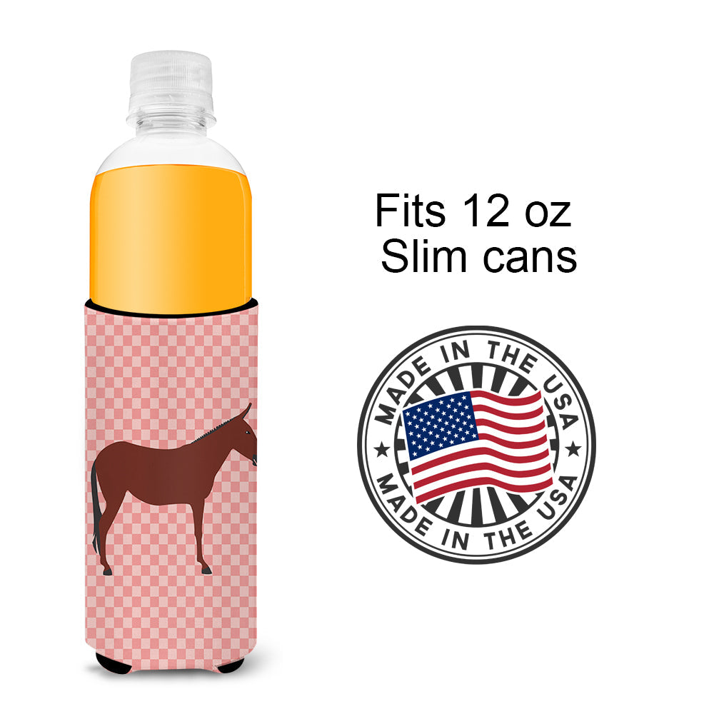Hinny Horse Donkey Pink Check Slim Can Hugger , Insulated Foam Hugger for 12 oz Slim Cans, Beer Bottles & Water Bottles, Printed in USA