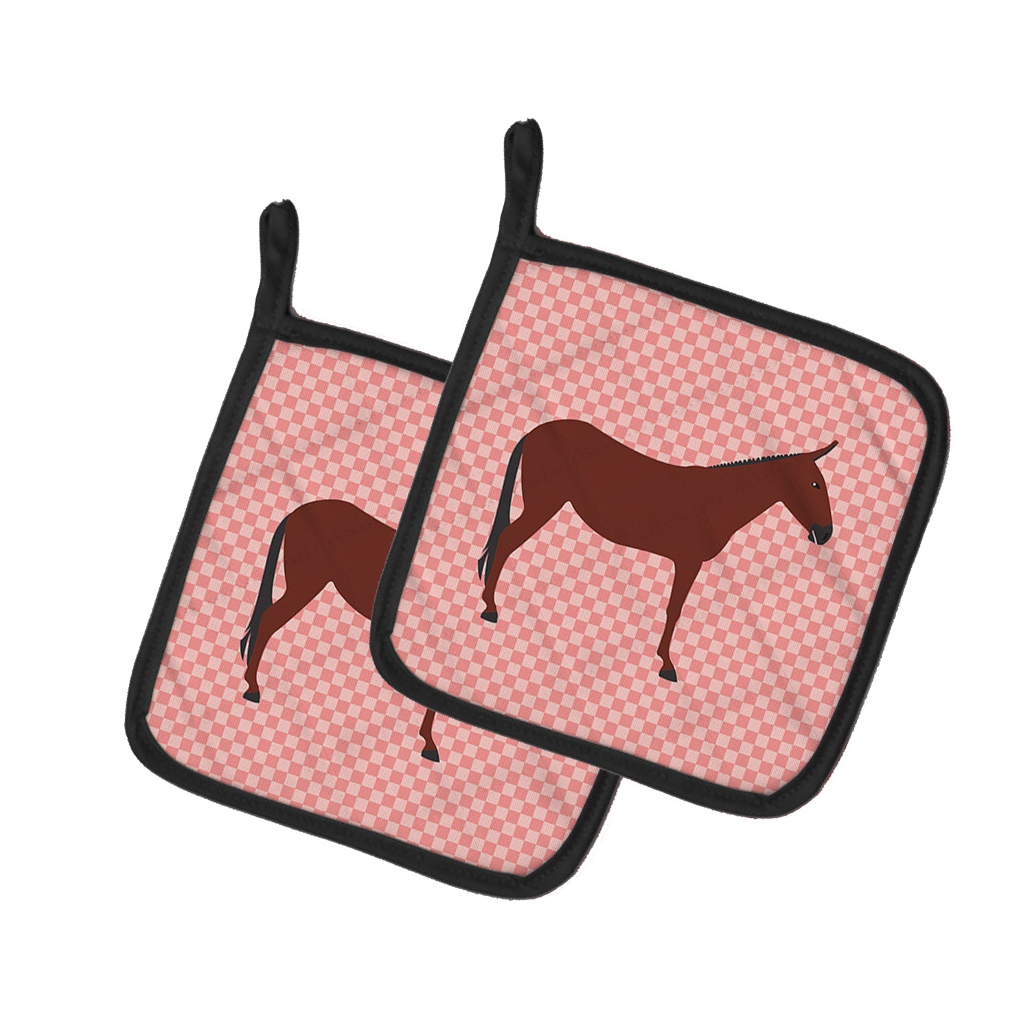 Hinny Horse Donkey Pink Check Pot Holder Set of 2 Heat Resistant Quilted Hot Pads 7.5 x 7.5 Inch, Insulated Kitchen Trivets for Cooking & Baking