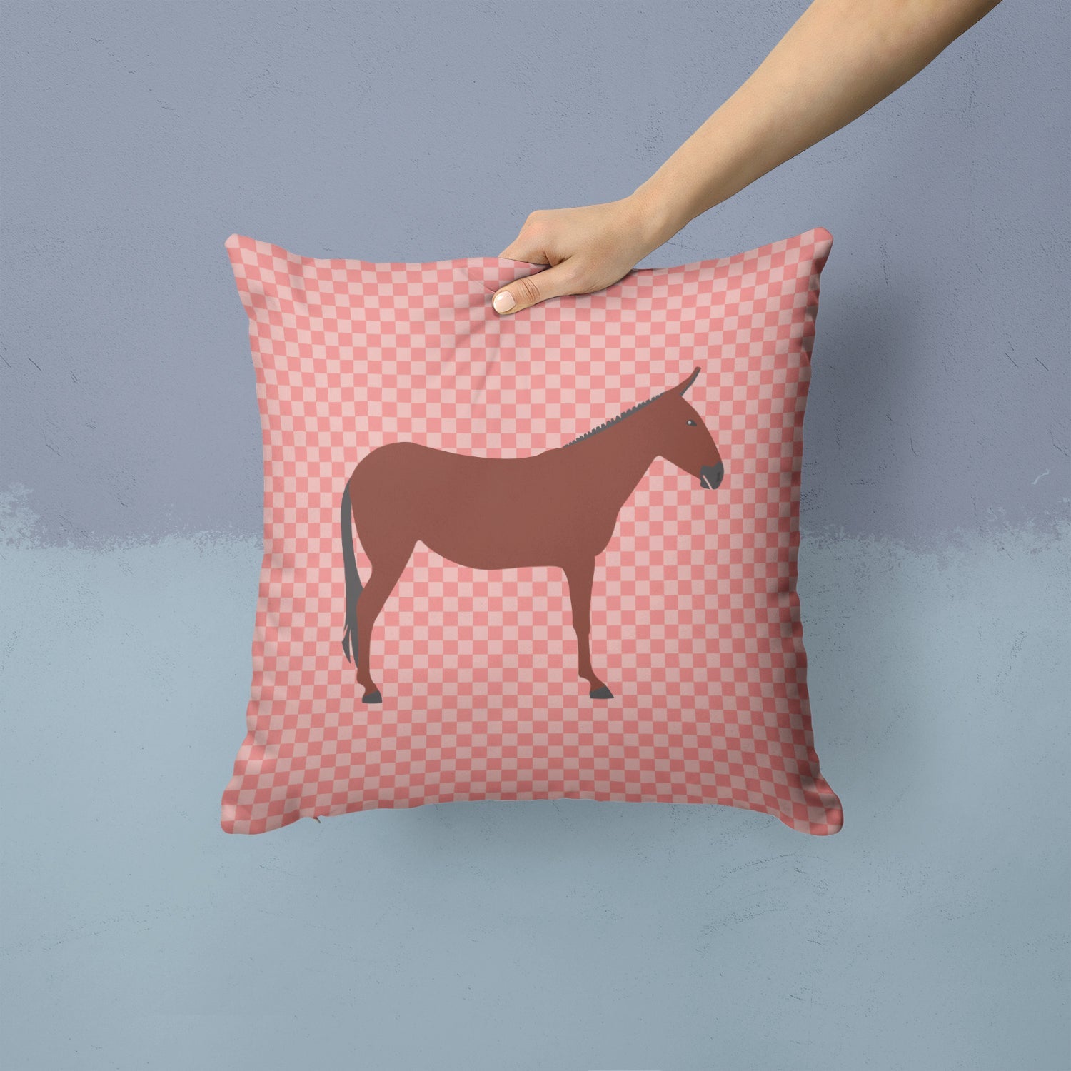 Hinny Horse Donkey Pink Check Decorative Throw Pillow 14x14 Indoor Outdoor Accent Cushion, Fabric Cover with Insert for Sofa, Bed, Porch & Living Room