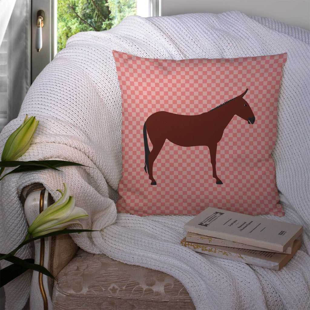 Hinny Horse Donkey Pink Check Decorative Throw Pillow 14x14 Indoor Outdoor Accent Cushion, Fabric Cover with Insert for Sofa, Bed, Porch & Living Room