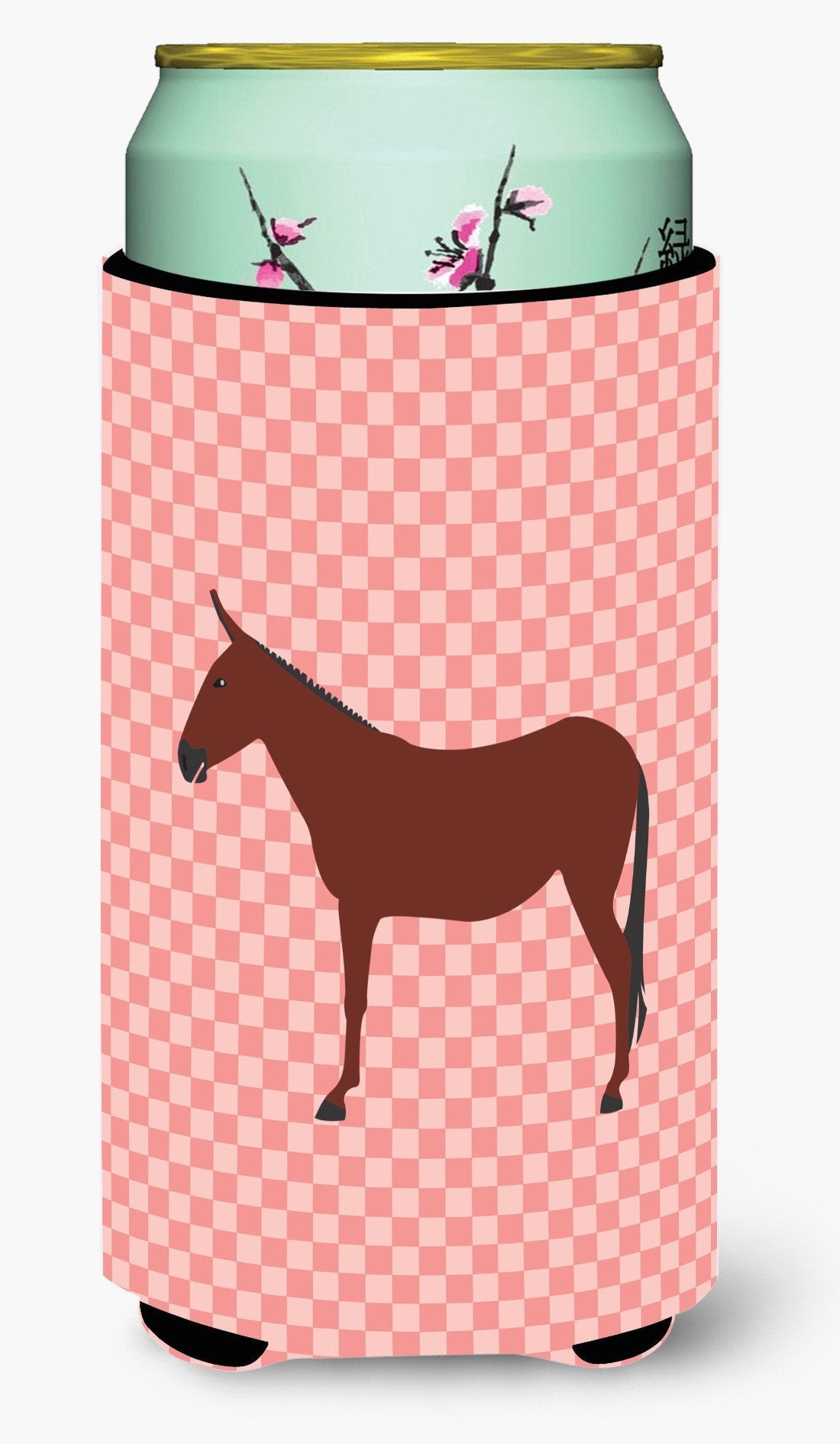 Hinny Horse Donkey Pink Check Tall Boy Hugger Can Cooler Sleeve Machine Washable Drink Collapsible Insulator Beverage Insulated Holder