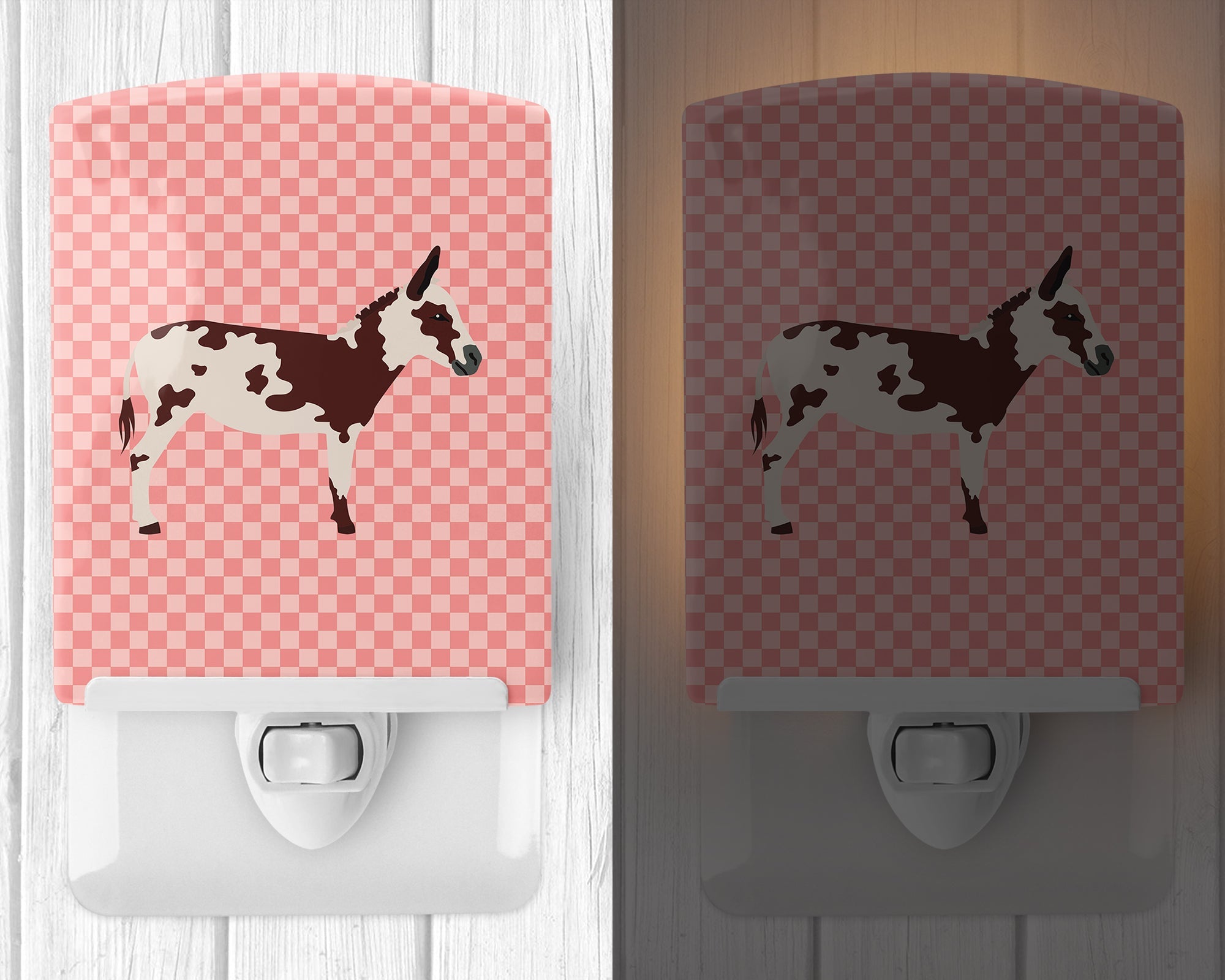 American Spotted Donkey Pink Check Ceramic Night Light Compact, UL-Certified, Ideal for Bedroom, Bathroom, Nursery, Hallway, Kitchen, 6x4x3, Multicolor