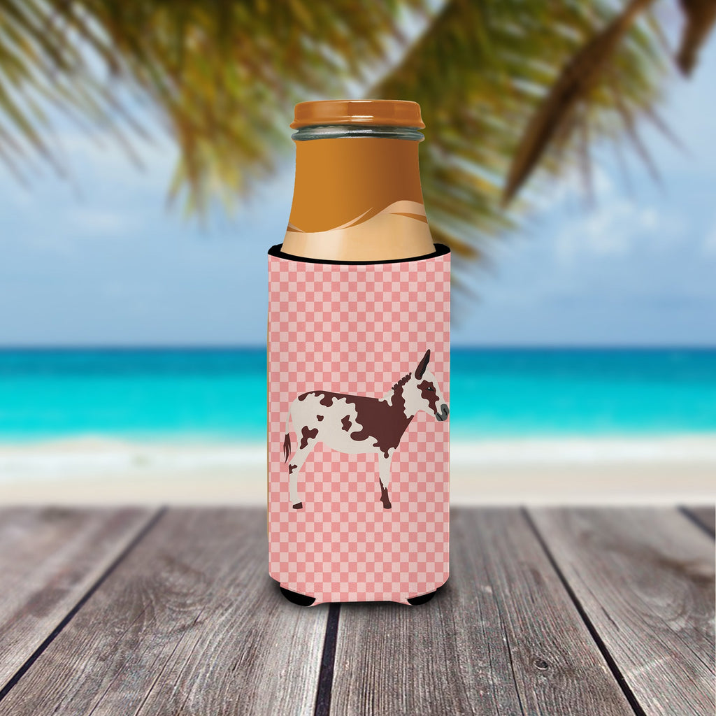 American Spotted Donkey Pink Check Slim Can Hugger , Insulated Foam Hugger for 12 oz Slim Cans, Beer Bottles & Water Bottles, Printed in USA