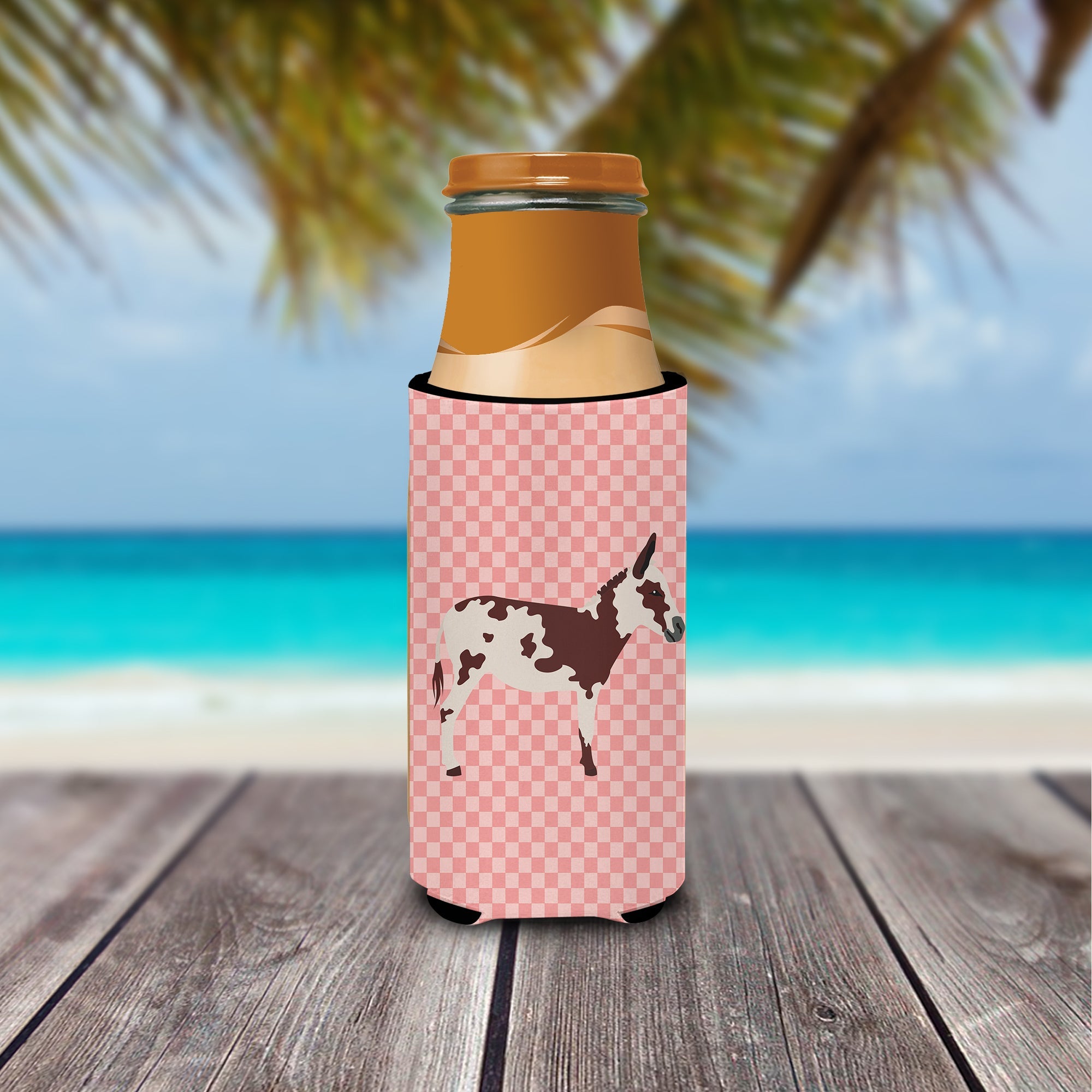 American Spotted Donkey Pink Check Slim Can Hugger , Insulated Foam Hugger for 12 oz Slim Cans, Beer Bottles & Water Bottles, Printed in USA