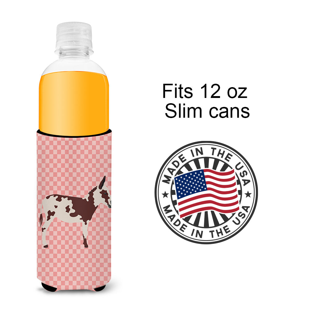 American Spotted Donkey Pink Check Slim Can Hugger , Insulated Foam Hugger for 12 oz Slim Cans, Beer Bottles & Water Bottles, Printed in USA