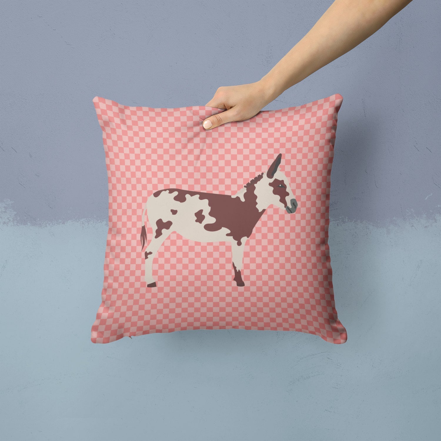 American Spotted Donkey Pink Check Decorative Throw Pillow 14x14 Indoor Outdoor Accent Cushion, Fabric Cover with Insert for Sofa, Bed, Porch & Living Room