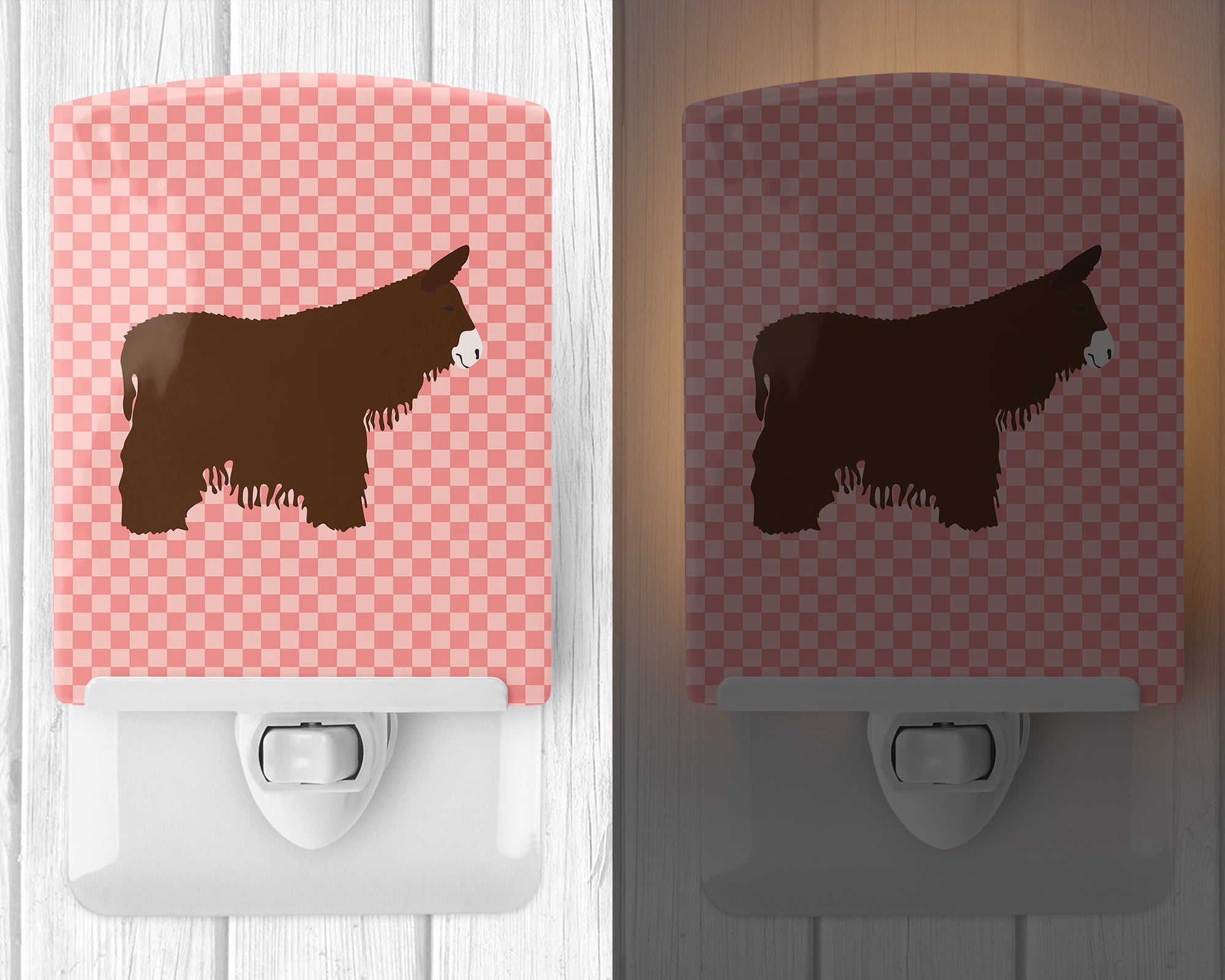 Poitou Poiteuin Donkey Pink Check Ceramic Night Light Compact, UL-Certified, Ideal for Bedroom, Bathroom, Nursery, Hallway, Kitchen, 6x4x3, Multicolor