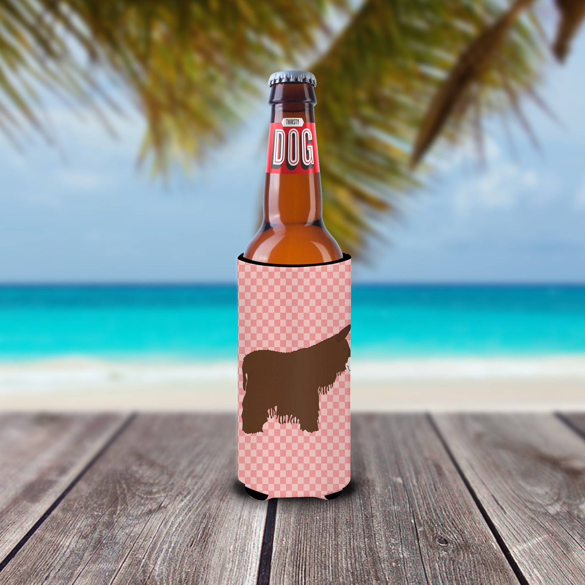 Poitou Poiteuin Donkey Pink Check Slim Can Hugger , Insulated Foam Hugger for 12 oz Slim Cans, Beer Bottles & Water Bottles, Printed in USA