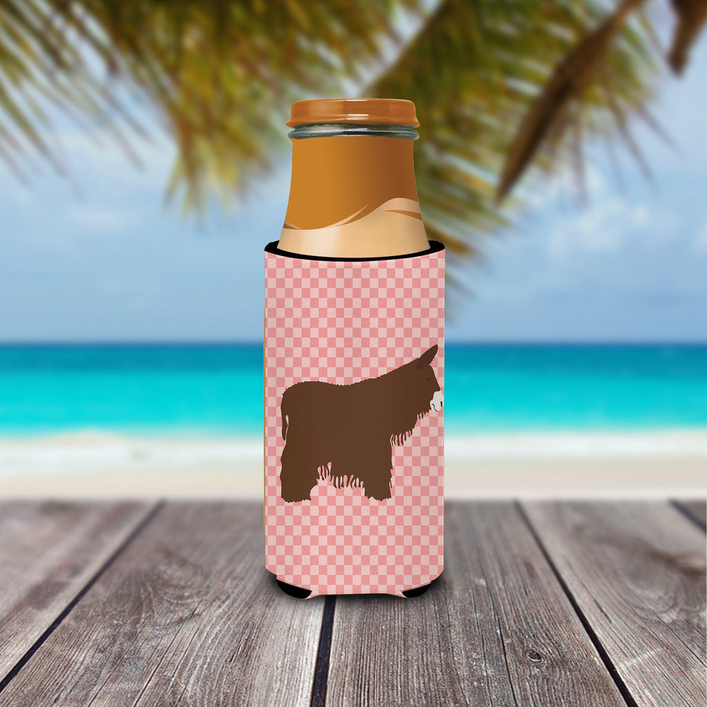 Poitou Poiteuin Donkey Pink Check Slim Can Hugger , Insulated Foam Hugger for 12 oz Slim Cans, Beer Bottles & Water Bottles, Printed in USA