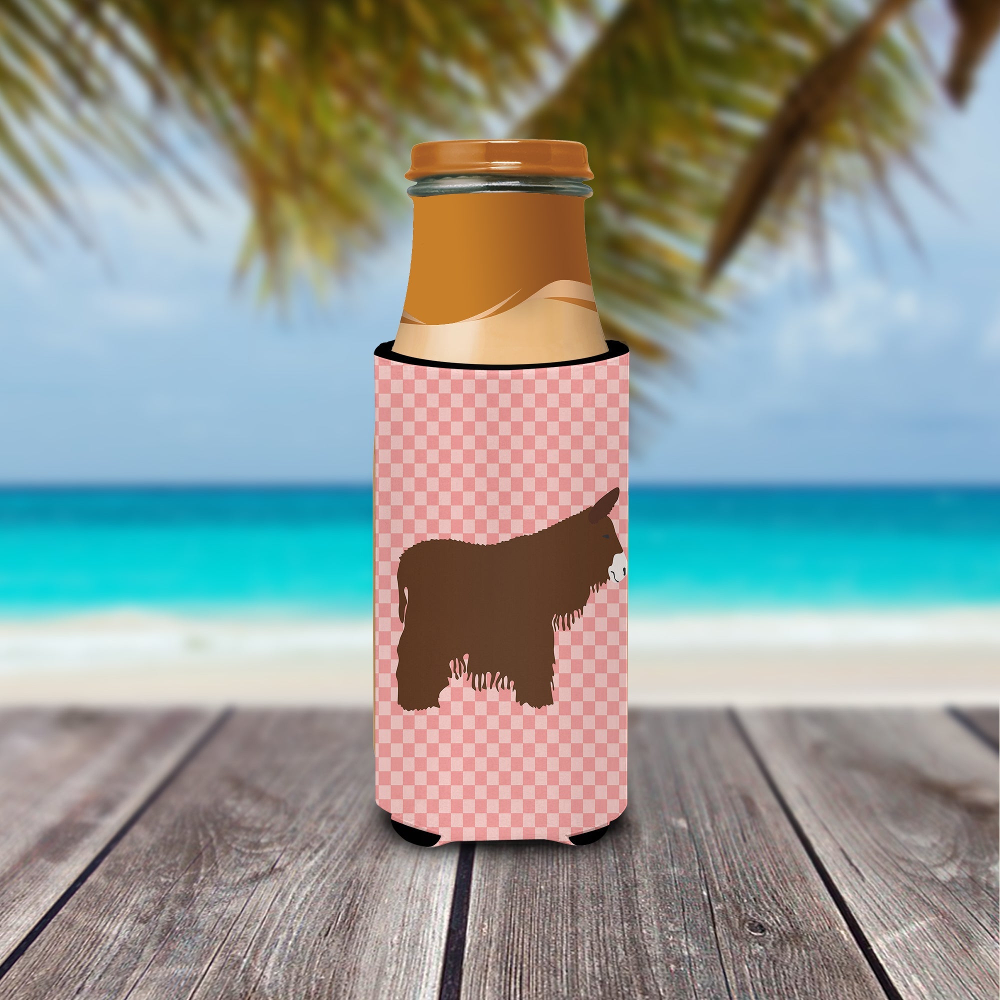 Poitou Poiteuin Donkey Pink Check Slim Can Hugger , Insulated Foam Hugger for 12 oz Slim Cans, Beer Bottles & Water Bottles, Printed in USA