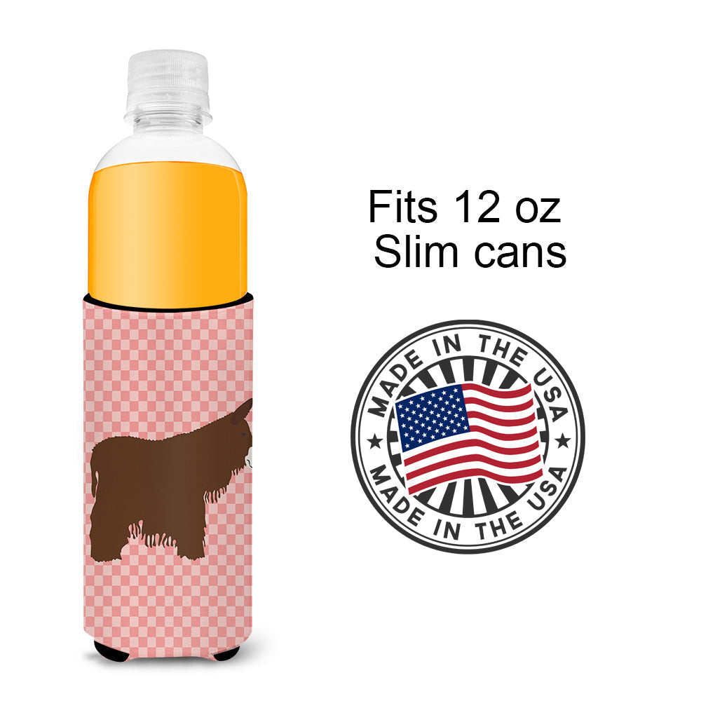 Poitou Poiteuin Donkey Pink Check Slim Can Hugger , Insulated Foam Hugger for 12 oz Slim Cans, Beer Bottles & Water Bottles, Printed in USA