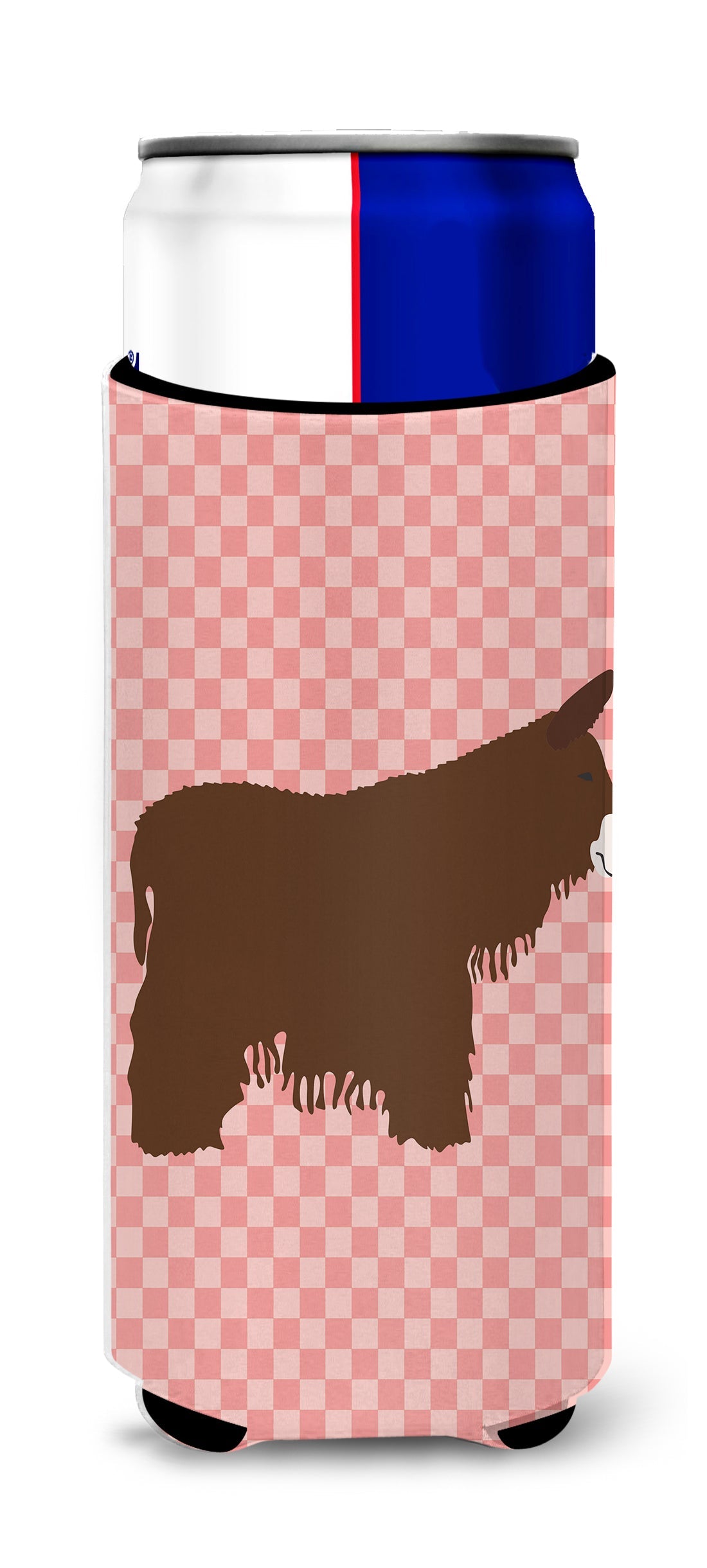 Poitou Poiteuin Donkey Pink Check Slim Can Hugger , Insulated Foam Hugger for 12 oz Slim Cans, Beer Bottles & Water Bottles, Printed in USA