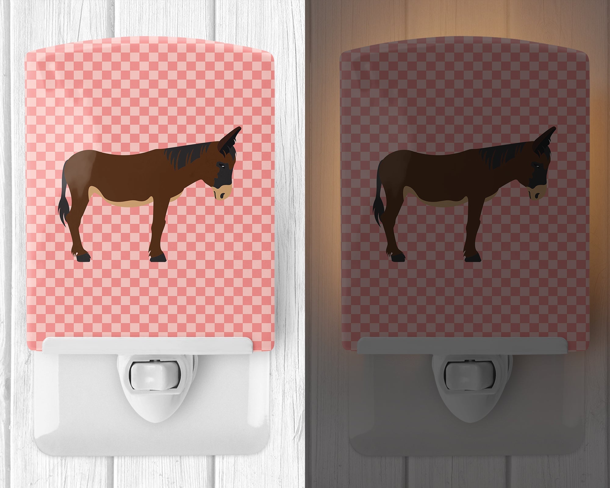 Zamorano-Leones Donkey Pink Check Ceramic Night Light Compact, UL-Certified, Ideal for Bedroom, Bathroom, Nursery, Hallway, Kitchen, 6x4x3, Multicolor
