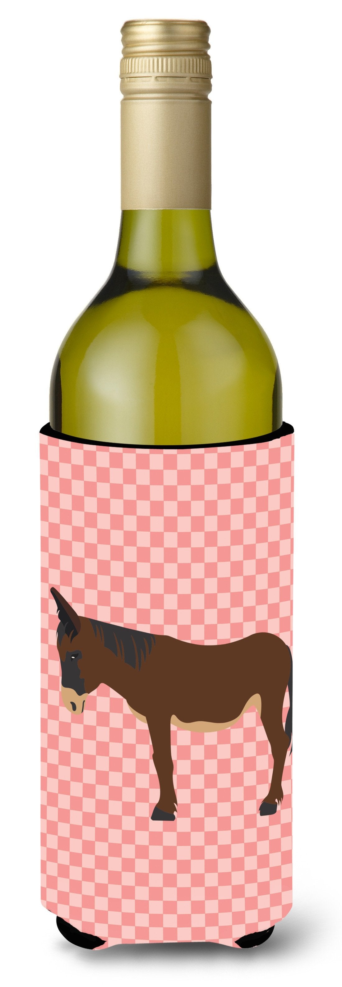 Zamorano-Leones Donkey Pink Check Wine Bottle Hugger Gift Sleeve for Standard 750 ml Bottles, Insulated Reusable Also Fits Mini Shot & Pint Bottles