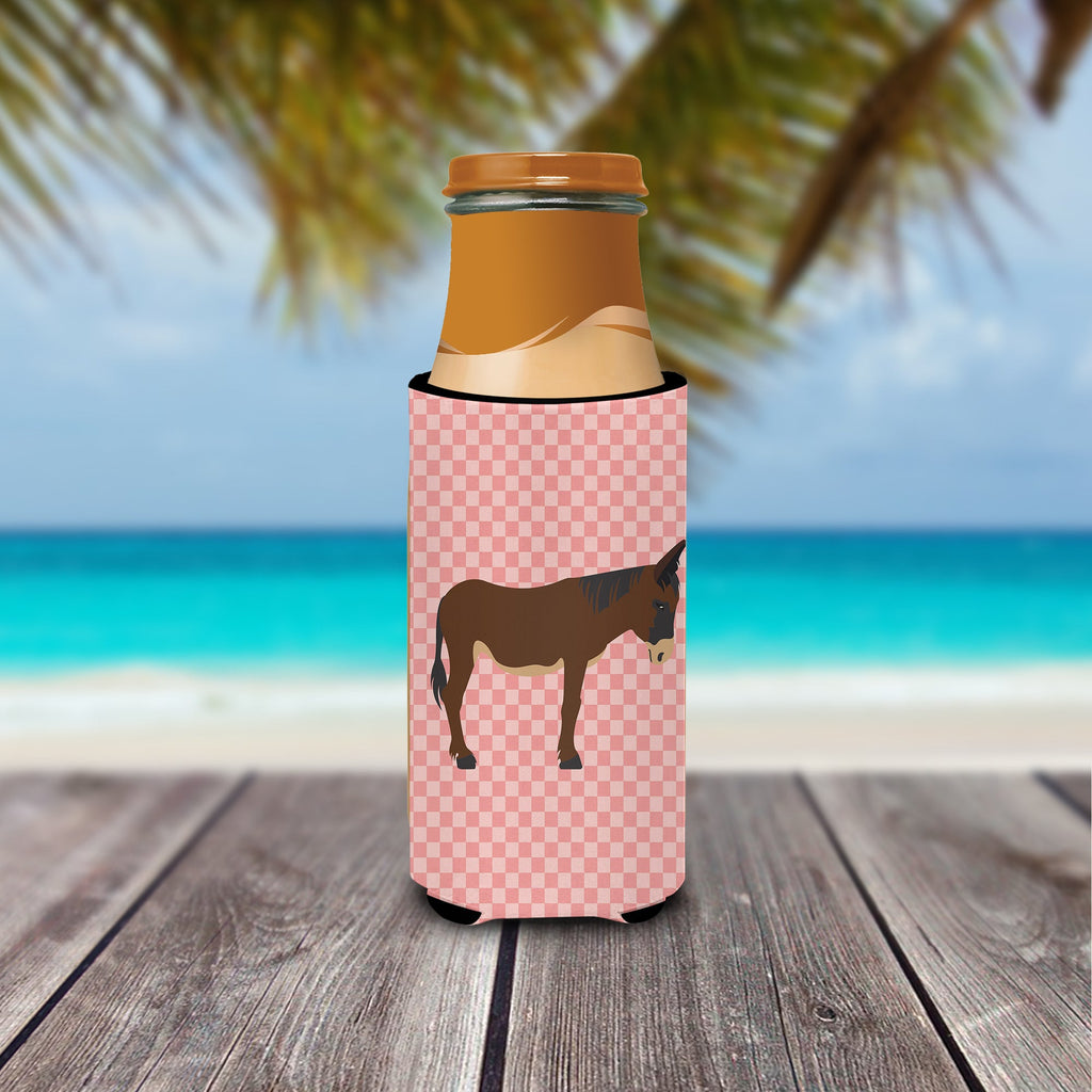 Zamorano-Leones Donkey Pink Check Slim Can Hugger , Insulated Foam Hugger for 12 oz Slim Cans, Beer Bottles & Water Bottles, Printed in USA
