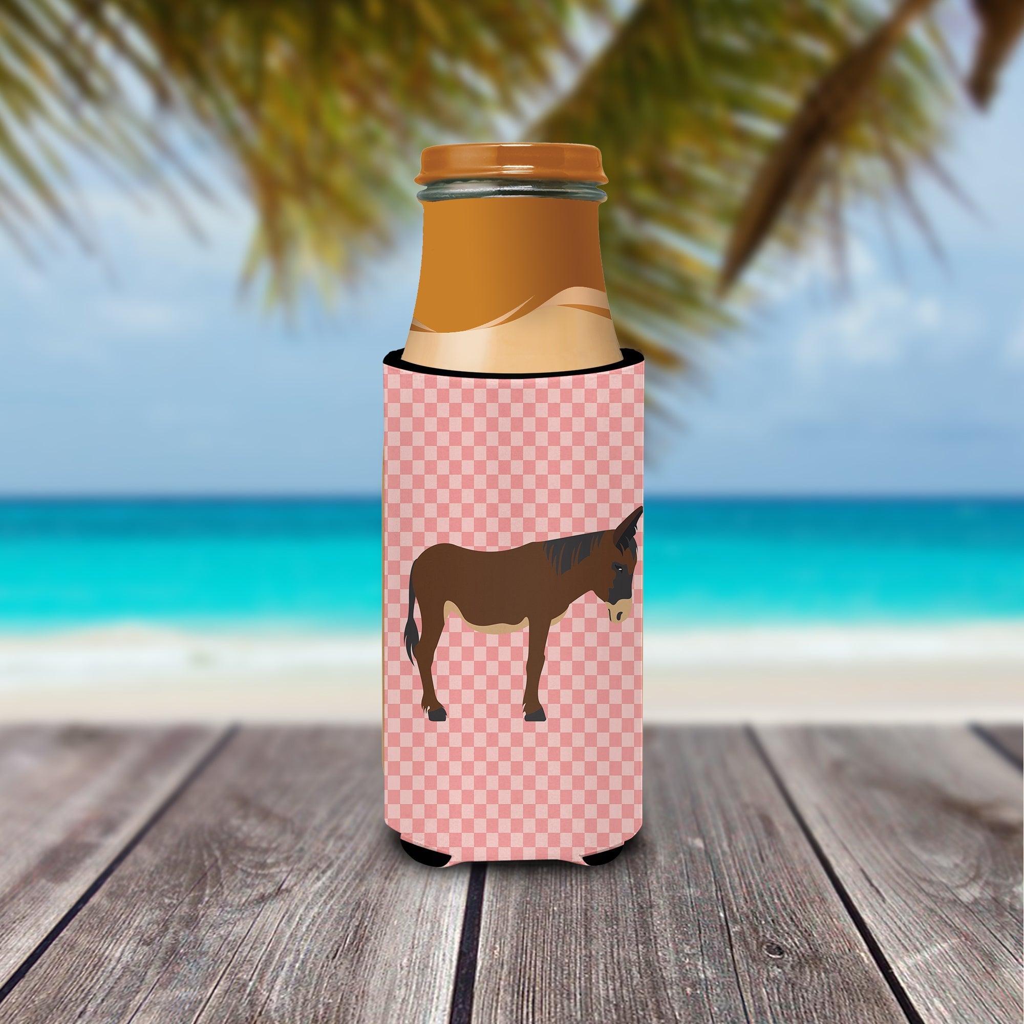 Zamorano-Leones Donkey Pink Check Slim Can Hugger , Insulated Foam Hugger for 12 oz Slim Cans, Beer Bottles & Water Bottles, Printed in USA