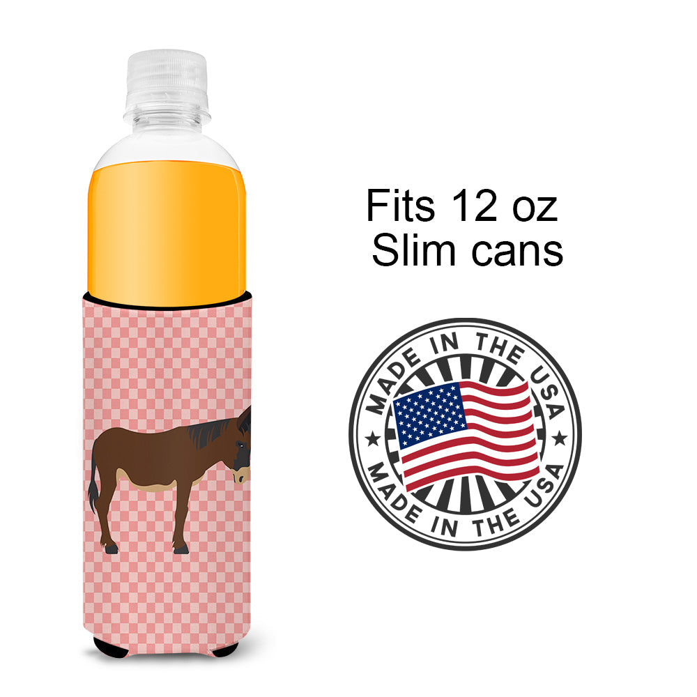 Zamorano-Leones Donkey Pink Check Slim Can Hugger , Insulated Foam Hugger for 12 oz Slim Cans, Beer Bottles & Water Bottles, Printed in USA