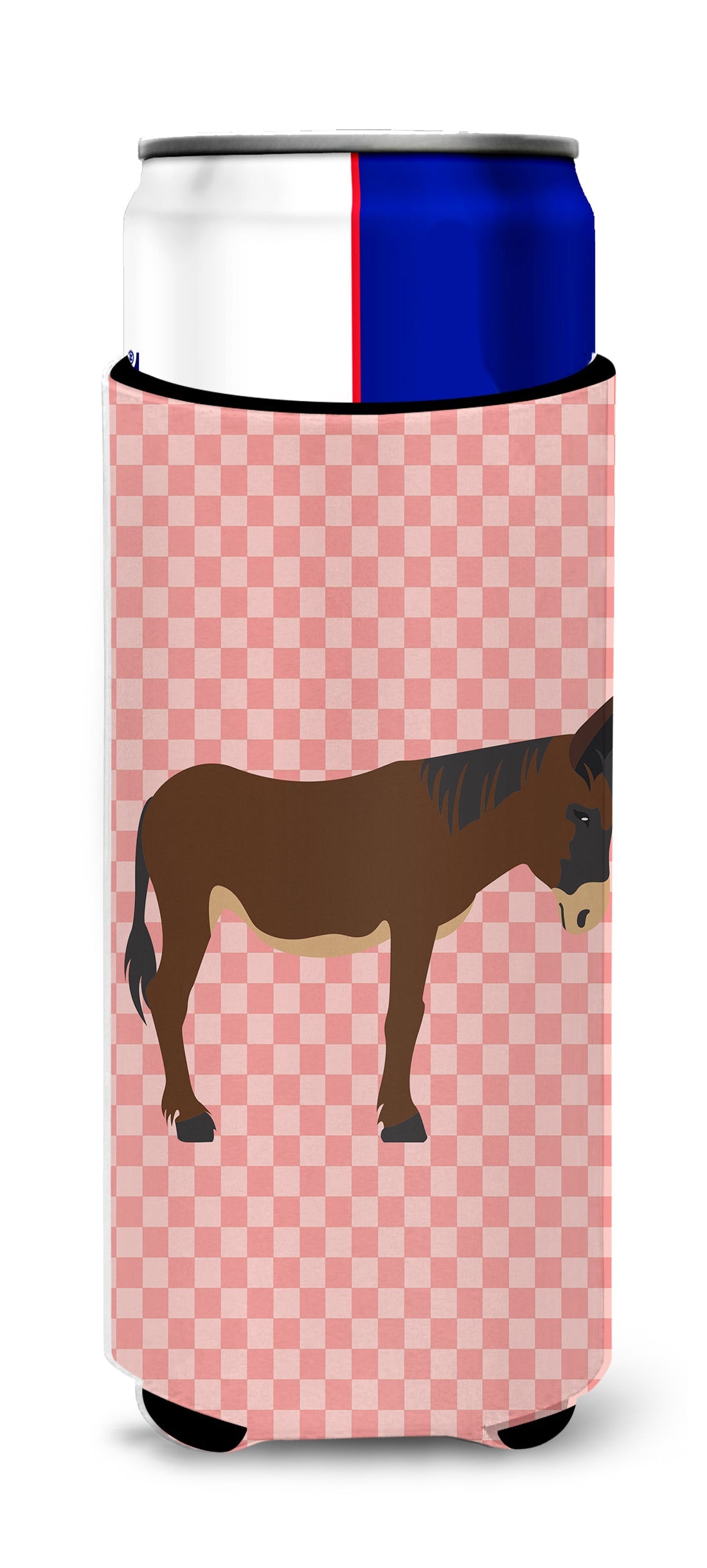 Zamorano-Leones Donkey Pink Check Slim Can Hugger , Insulated Foam Hugger for 12 oz Slim Cans, Beer Bottles & Water Bottles, Printed in USA
