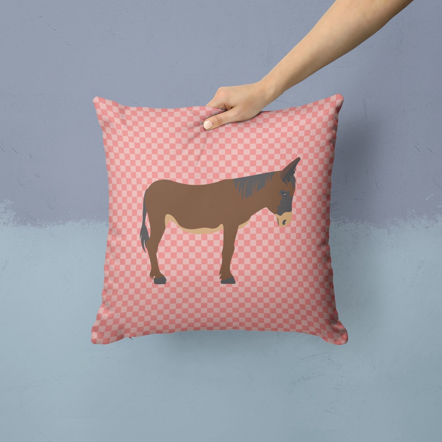 Zamorano-Leones Donkey Pink Check Decorative Throw Pillow 14x14 Indoor Outdoor Accent Cushion, Fabric Cover with Insert for Sofa, Bed, Porch & Living Room