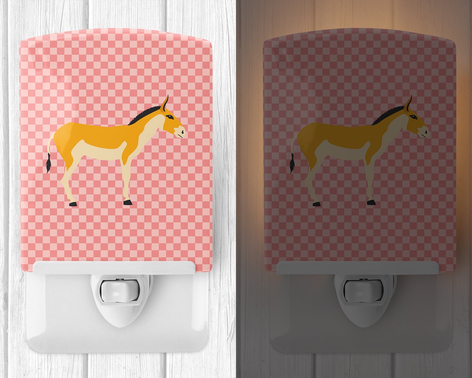 Turkmenian Kulan Donkey Pink Check Ceramic Night Light Compact, UL-Certified, Ideal for Bedroom, Bathroom, Nursery, Hallway, Kitchen, 6x4x3, Multicolor