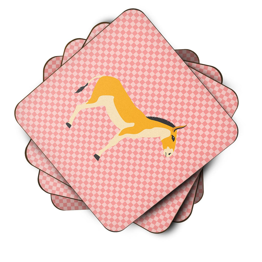 Turkmenian Kulan Donkey Pink Check Foam Coasters Set of 4 Cup Coasters for Indoor Outdoor, Tabletop Protection, Anti Slip, Mouse pad Material