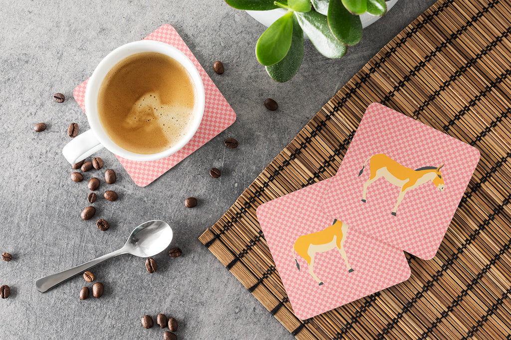 Turkmenian Kulan Donkey Pink Check Foam Coasters Set of 4 Cup Coasters for Indoor Outdoor, Tabletop Protection, Anti Slip, Mouse pad Material