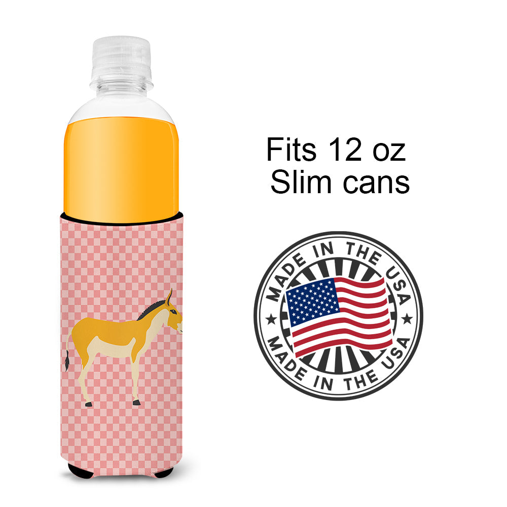 Turkmenian Kulan Donkey Pink Check Slim Can Hugger , Insulated Foam Hugger for 12 oz Slim Cans, Beer Bottles & Water Bottles, Printed in USA
