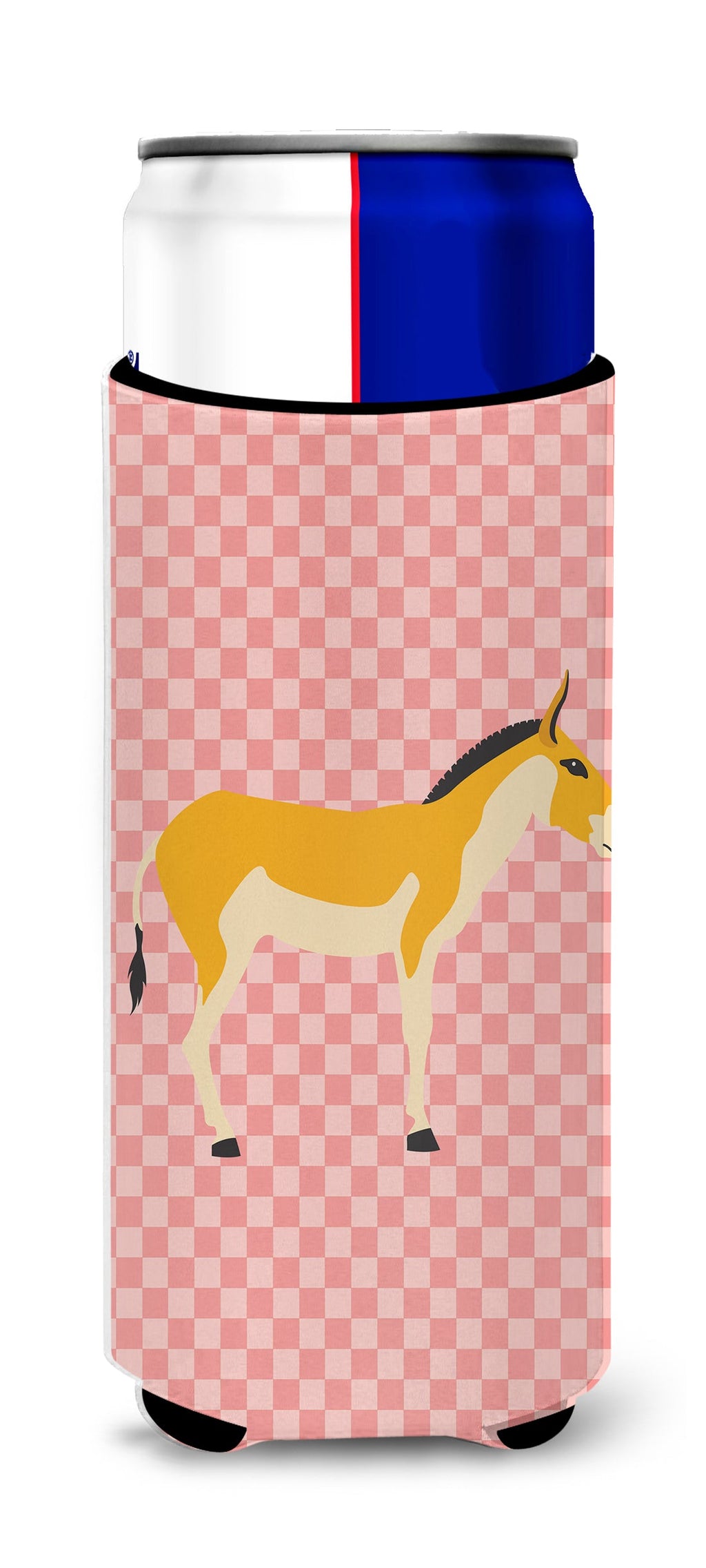 Turkmenian Kulan Donkey Pink Check Slim Can Hugger , Insulated Foam Hugger for 12 oz Slim Cans, Beer Bottles & Water Bottles, Printed in USA