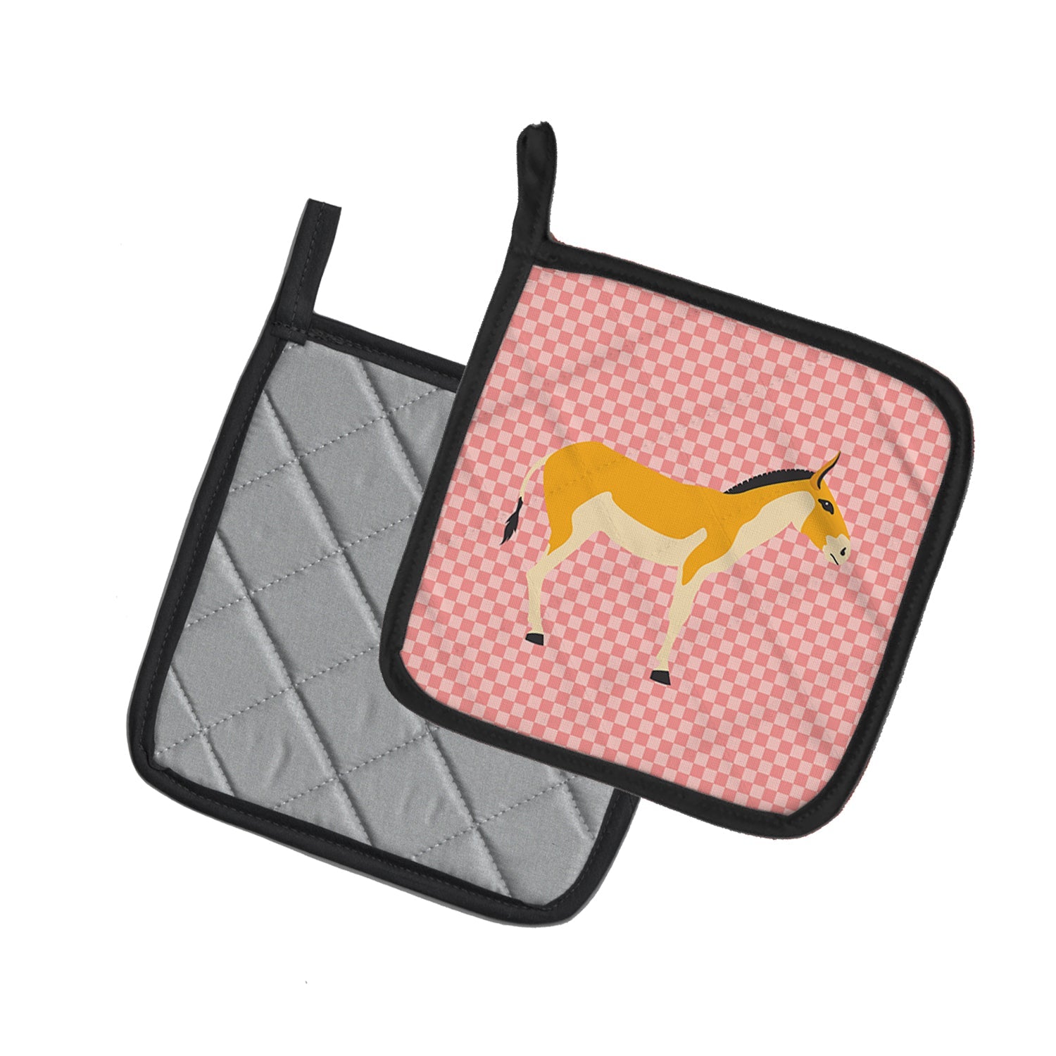 Turkmenian Kulan Donkey Pink Check Pot Holder Set of 2 Heat Resistant Quilted Hot Pads 7.5 x 7.5 Inch, Insulated Kitchen Trivets for Cooking & Baking