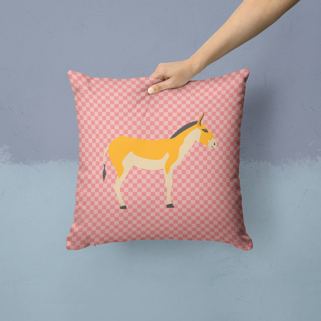 Turkmenian Kulan Donkey Pink Check Decorative Throw Pillow 14x14 Indoor Outdoor Accent Cushion, Fabric Cover with Insert for Sofa, Bed, Porch & Living Room