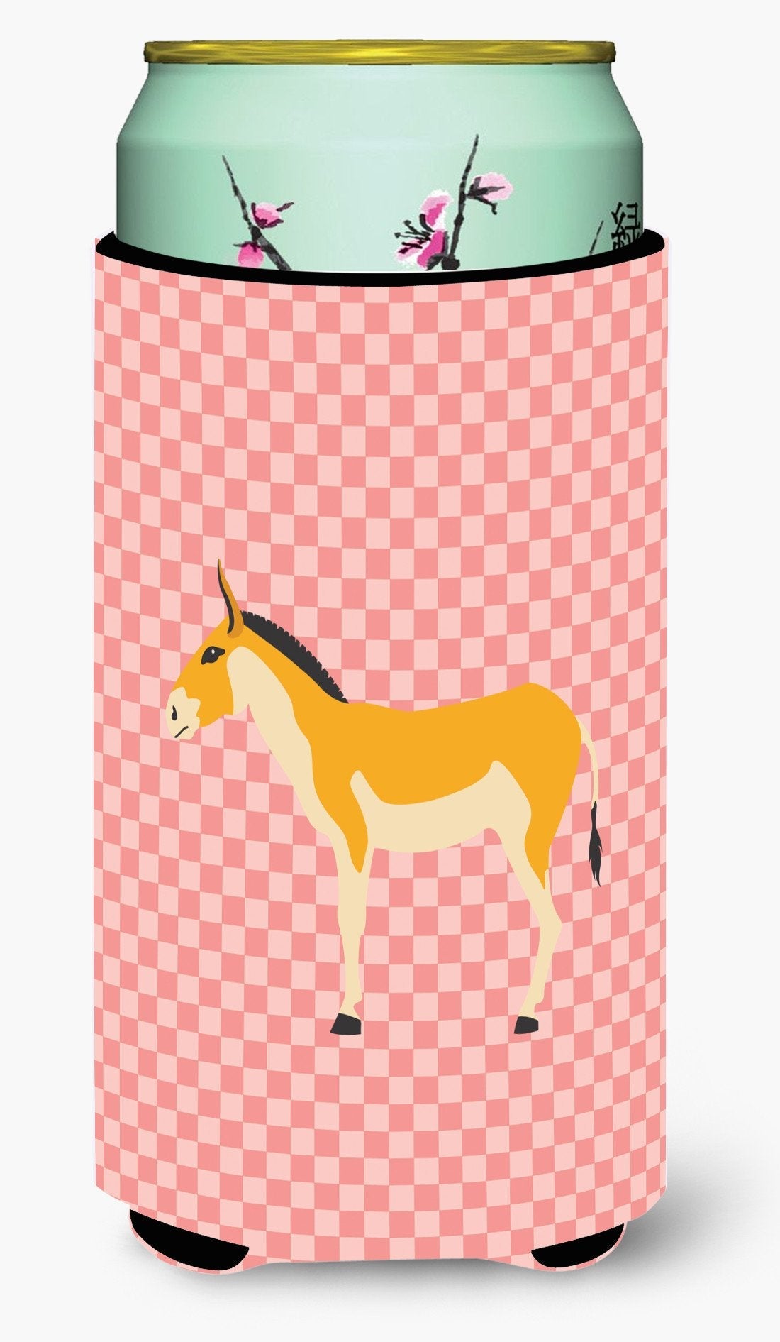 Turkmenian Kulan Donkey Pink Check Tall Boy Hugger Can Cooler Sleeve Machine Washable Drink Collapsible Insulator Beverage Insulated Holder