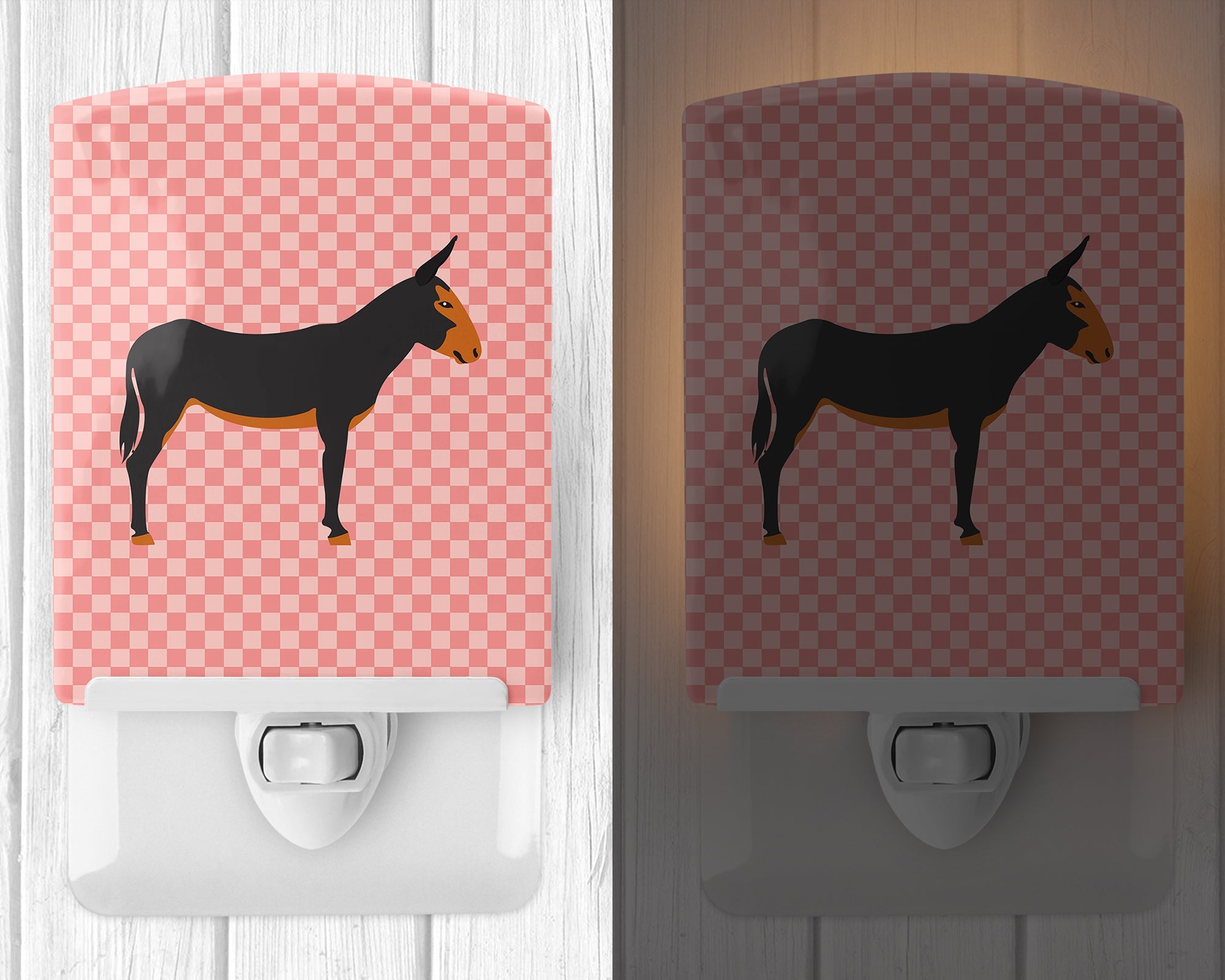 Catalan Donkey Pink Check Ceramic Night Light Compact, UL-Certified, Ideal for Bedroom, Bathroom, Nursery, Hallway, Kitchen, 6x4x3, Multicolor