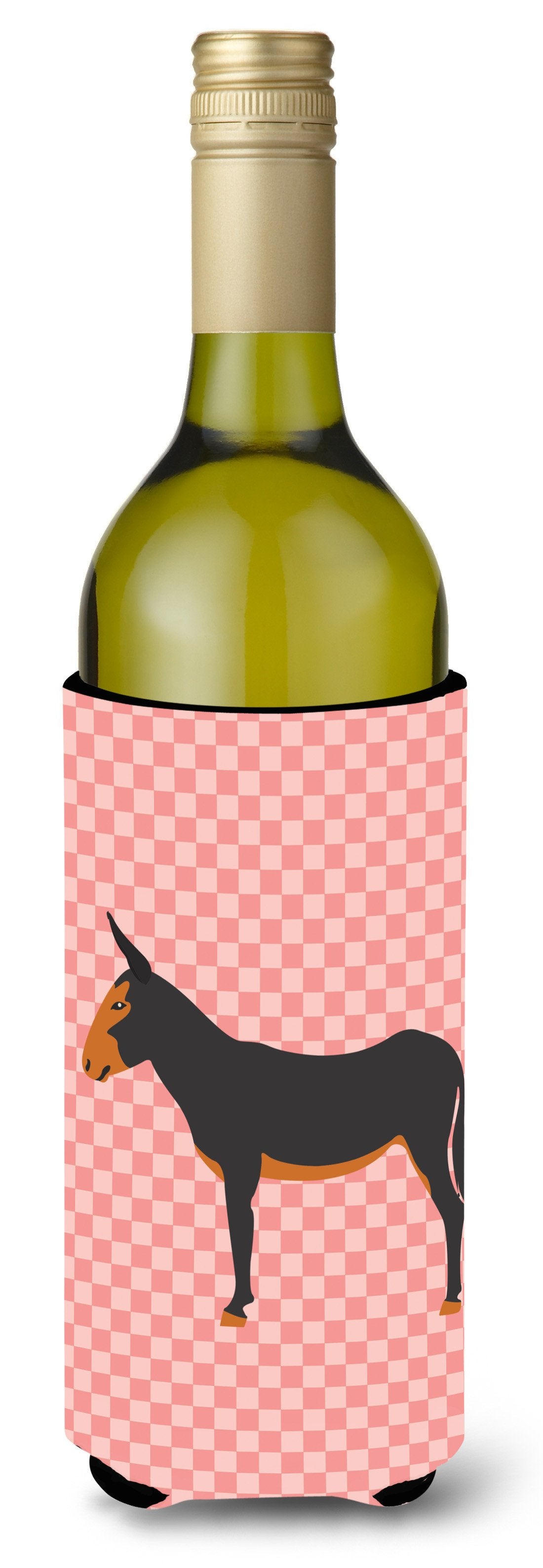Catalan Donkey Pink Check Wine Bottle Hugger Gift Sleeve for Standard 750 ml Bottles, Insulated Reusable Also Fits Mini Shot & Pint Bottles