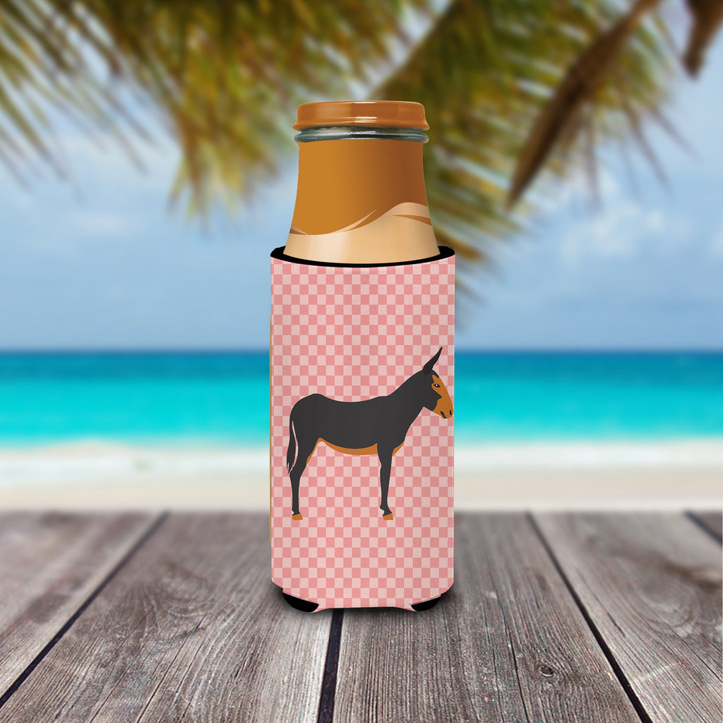 Catalan Donkey Pink Check Slim Can Hugger , Insulated Foam Hugger for 12 oz Slim Cans, Beer Bottles & Water Bottles, Printed in USA