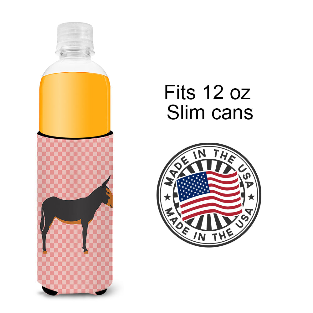 Catalan Donkey Pink Check Slim Can Hugger , Insulated Foam Hugger for 12 oz Slim Cans, Beer Bottles & Water Bottles, Printed in USA