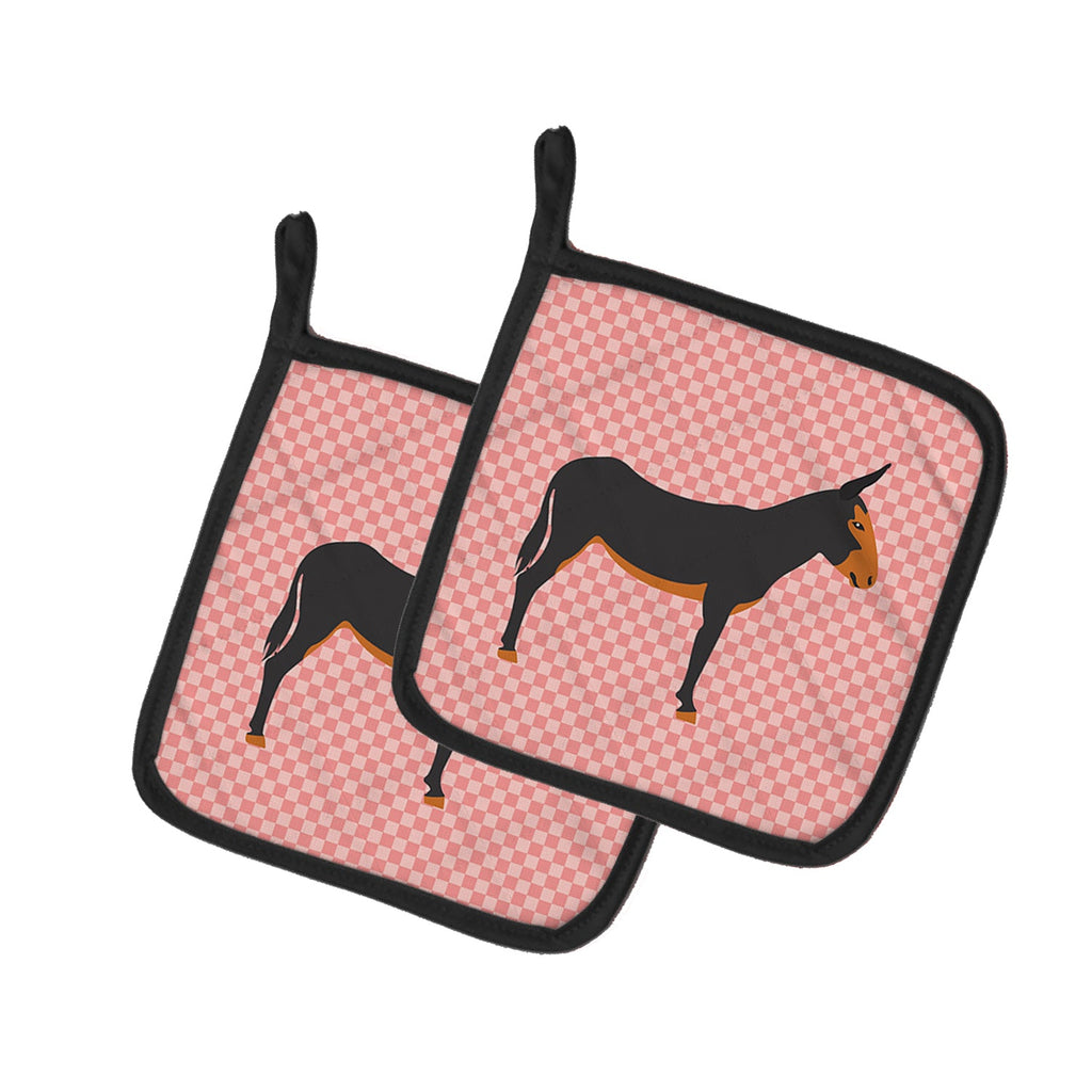 Catalan Donkey Pink Check Pot Holder Set of 2 Heat Resistant Quilted Hot Pads 7.5 x 7.5 Inch, Insulated Kitchen Trivets for Cooking & Baking